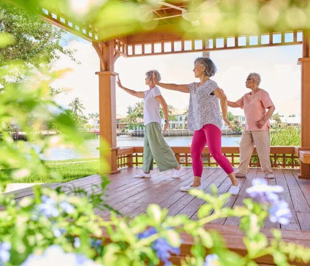 group of three senior women practice Tai Chi in an outdoor gazebo on a sunny day by the water at Harbour's Edge Senior Living Community