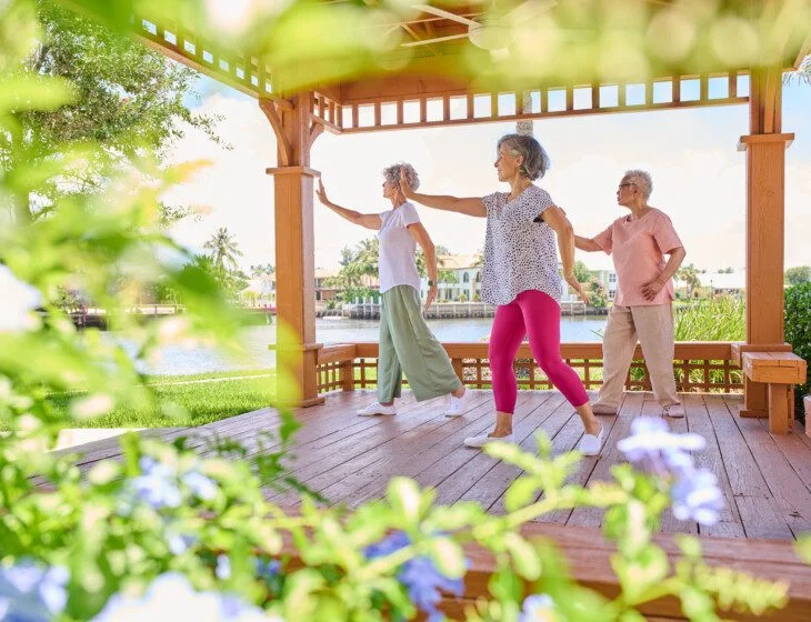 group of three senior women practice Tai Chi in an outdoor gazebo on a sunny day by the water at Harbour's Edge Senior Living Community