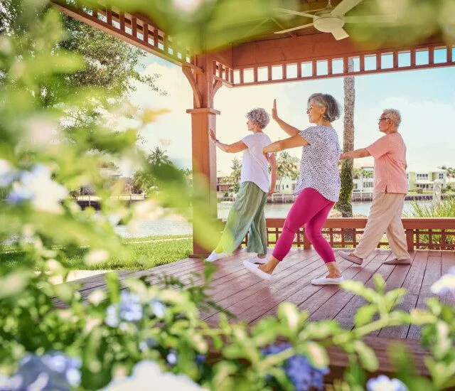 group of senior women practice Tai Chi in an outdoor gazebo on a sunny day by the water at Harbour's Edge Senior Living Community