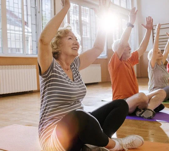 group of cheerful seniors having fun together exercising