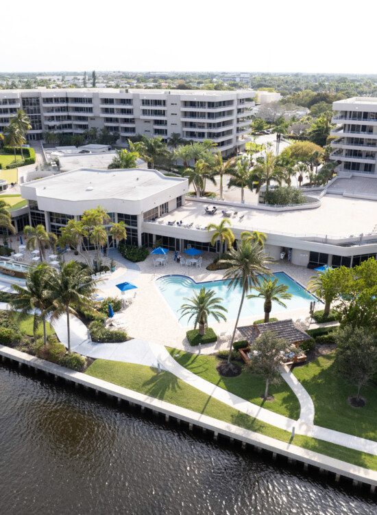 elevated view of Harbour's Edge Senior Living Community in Delray Beach, FL, pressed against the water