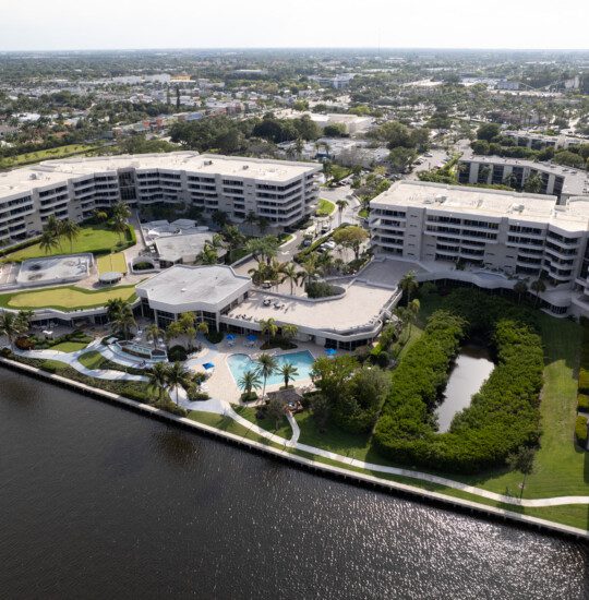 elevated view of Harbour's Edge Senior Living Community in Delray Beach, FL, pressed against the water