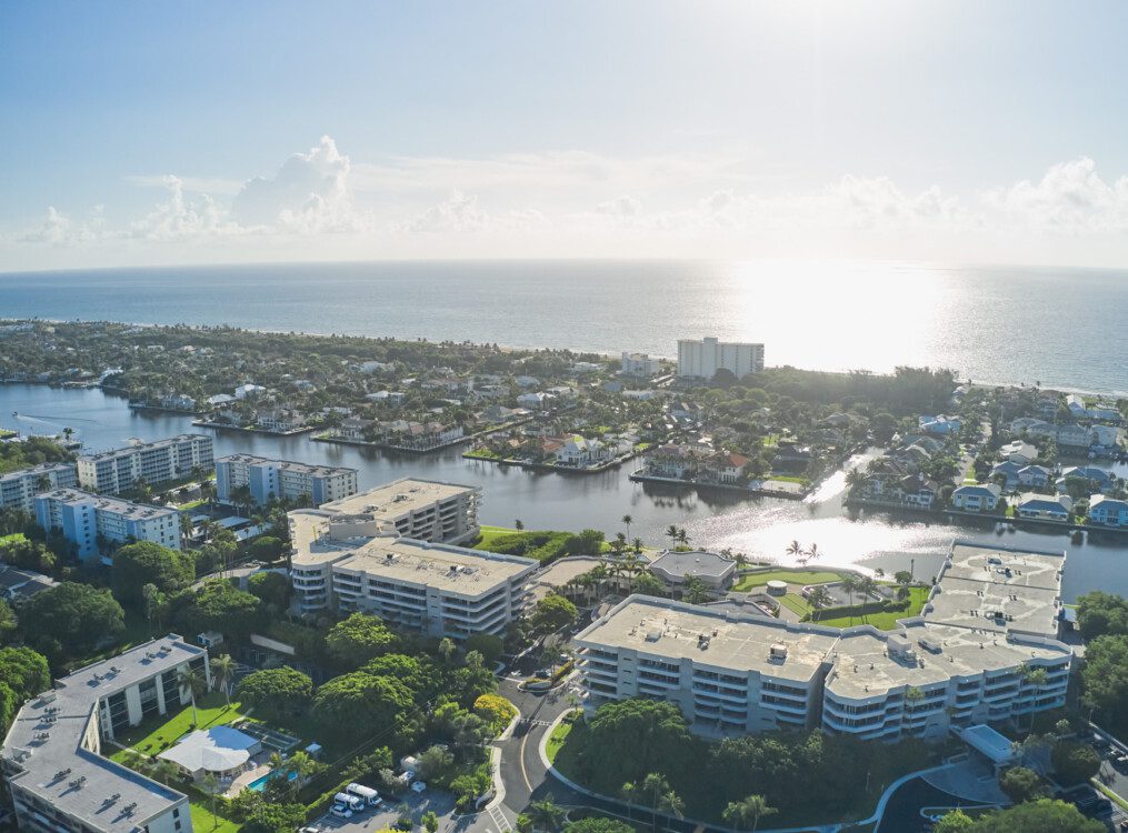 aerial view of Harbour's Edge Senior Living Community, pressed against the harbor and ocean waters in Delray Beach, FL