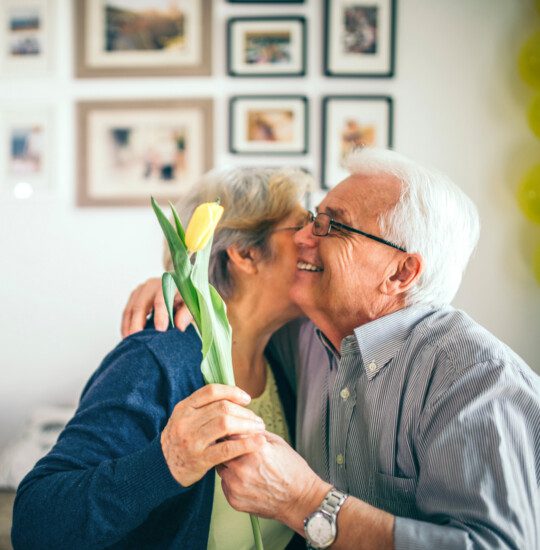 senior man embraces his wife in a hug after handing her a yellow tulip