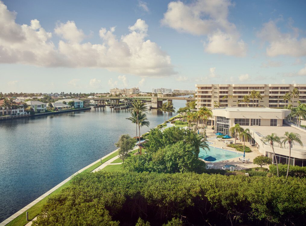 elevated view of Harbour's Edge Senior Living Community in Delray Beach, FL, pressed against the water