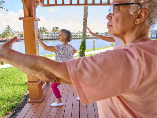 group of three senior women practice Tai Chi in an outdoor gazebo on a sunny day by the water at Harbour's Edge Senior Living Community