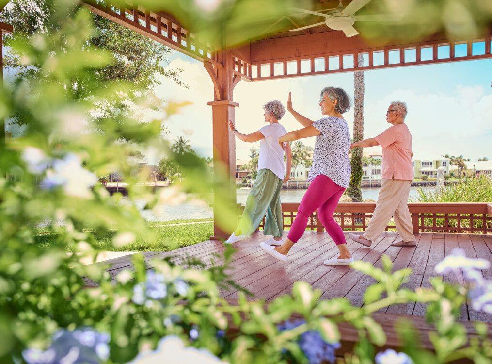 group of senior women practice Tai Chi in an outdoor gazebo on a sunny day by the water at Harbour's Edge Senior Living Community